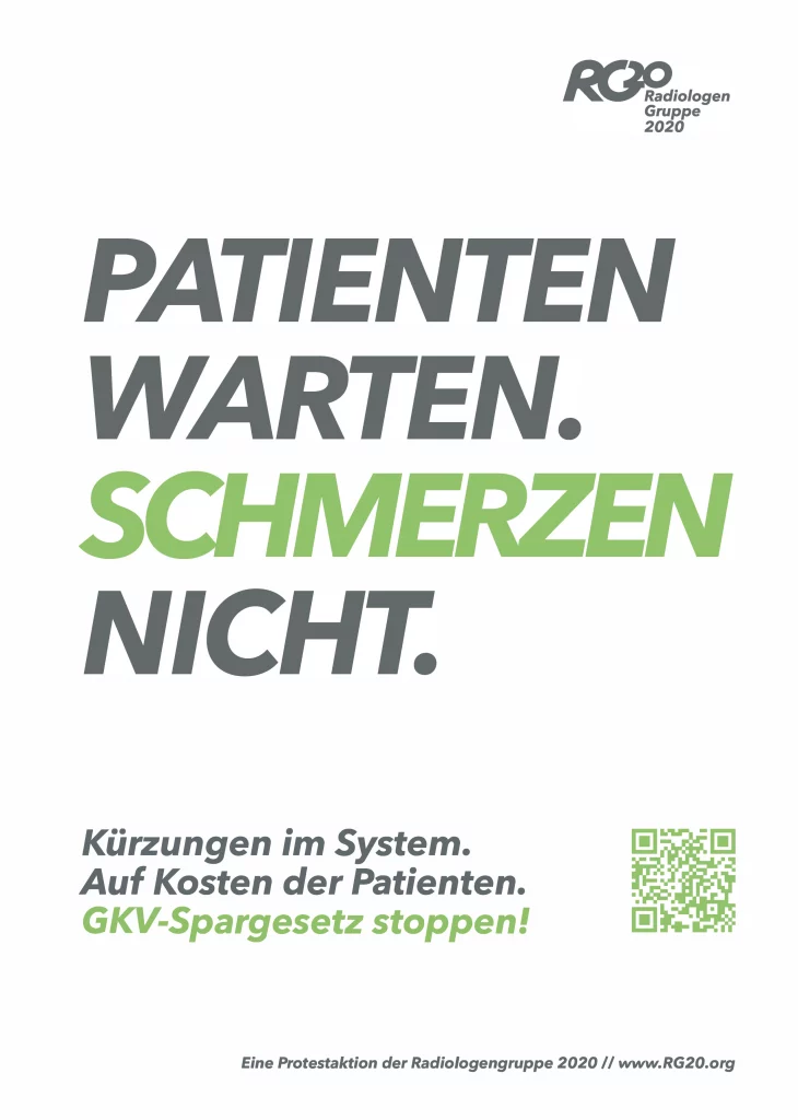 Patienten warten. Schmerzen nicht. Flyer zur RG20 Protestaktion.