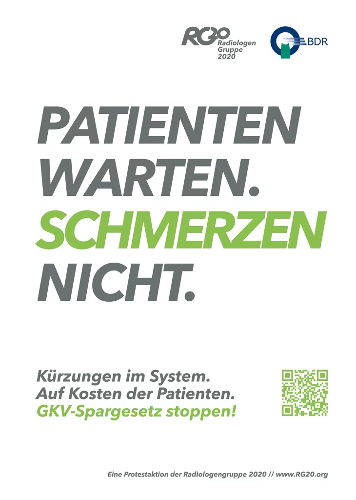 Patienten warten. Schmerzen nicht. Flyer zur RG20 Protestaktion.